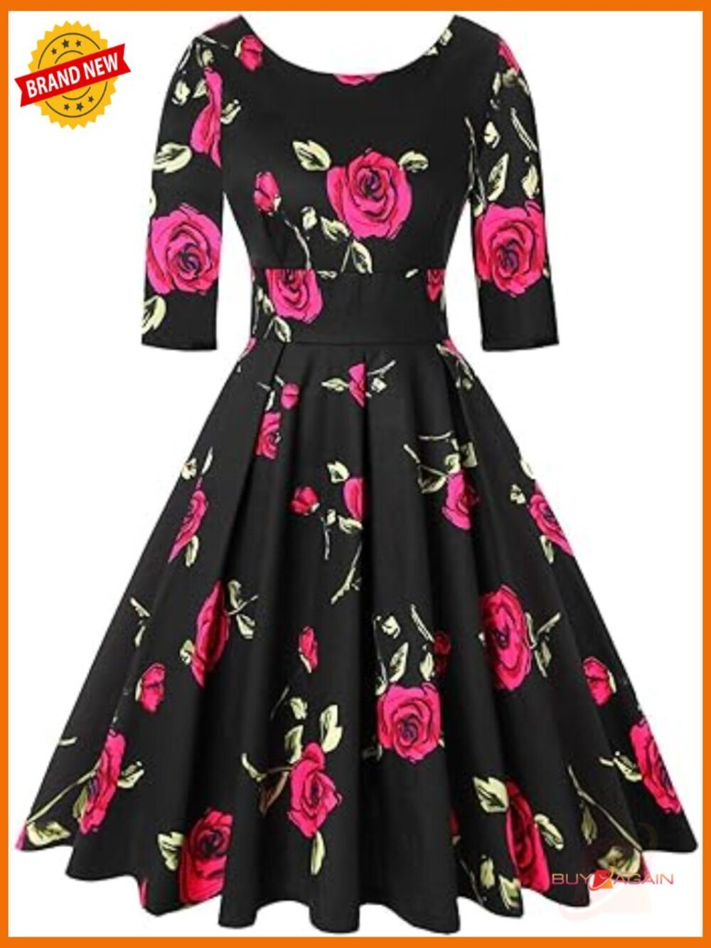 Vintage 1950s Swing Dress 3/4 Sleeve A-Line Cocktail Party Dress